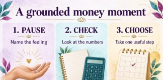 Money reflection: pause and name the feeling; check the numbers; choose one useful step. Reflection supports action, not guaranteed wealth.