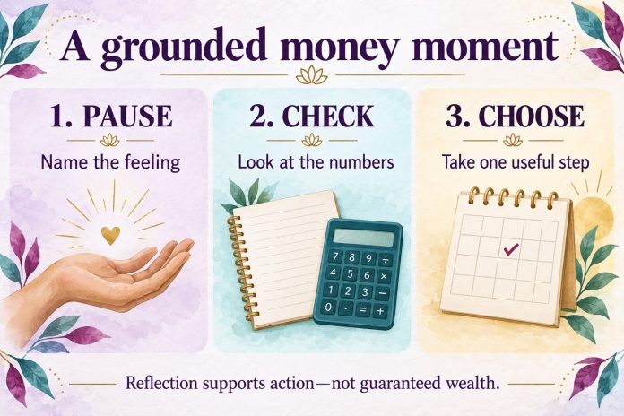 Money reflection: pause and name the feeling; check the numbers; choose one useful step. Reflection supports action, not guaranteed wealth.