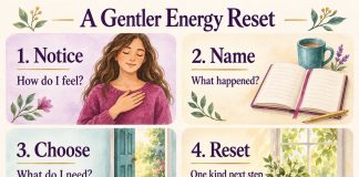 Four-step watercolor guide: Notice—How do I feel? Name—What happened? Choose—What do I need? Reset—One kind next step.