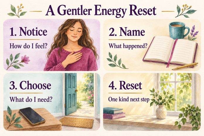 A Gentler Energy Reset Four-step watercolor guide: Notice—How do I feel? Name—What happened? Choose—What do I need? Reset—One kind next step.
