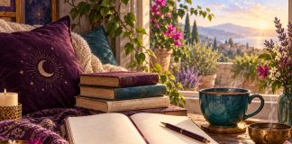 Symbolic reading nook with books, a journal and teal cup overlooking a sunlit garden.