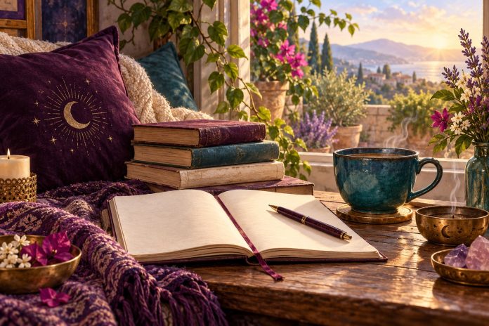 Symbolic reading nook with books, a journal and teal cup overlooking a sunlit garden.
