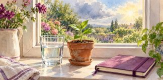 Watercolor of a half-full glass of water, a potted seedling and a plum notebook on a sunny windowsill.