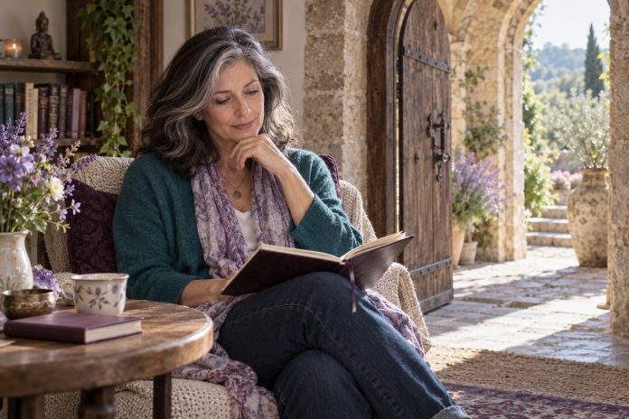 Woman reflecting with an open journal beside a sunlit historic doorway