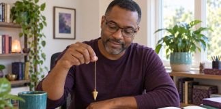Man holding a brass pendulum above a journal in a bright home office