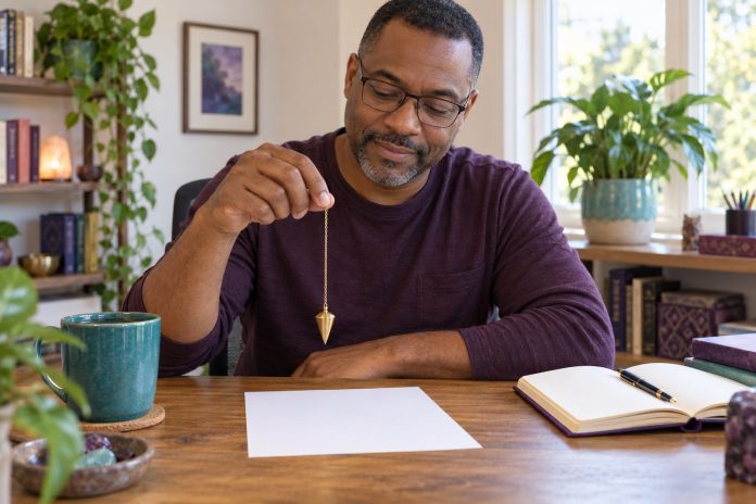 Man holding a brass pendulum above a journal in a bright home office