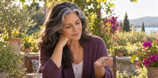 Woman reflecting on a pendant beside a journal in a sunlit garden