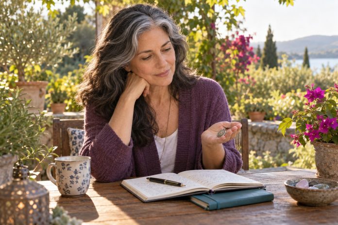 Exploring intuitive impressions with a keepsake and journal Woman reflecting on a pendant beside a journal in a sunlit garden
