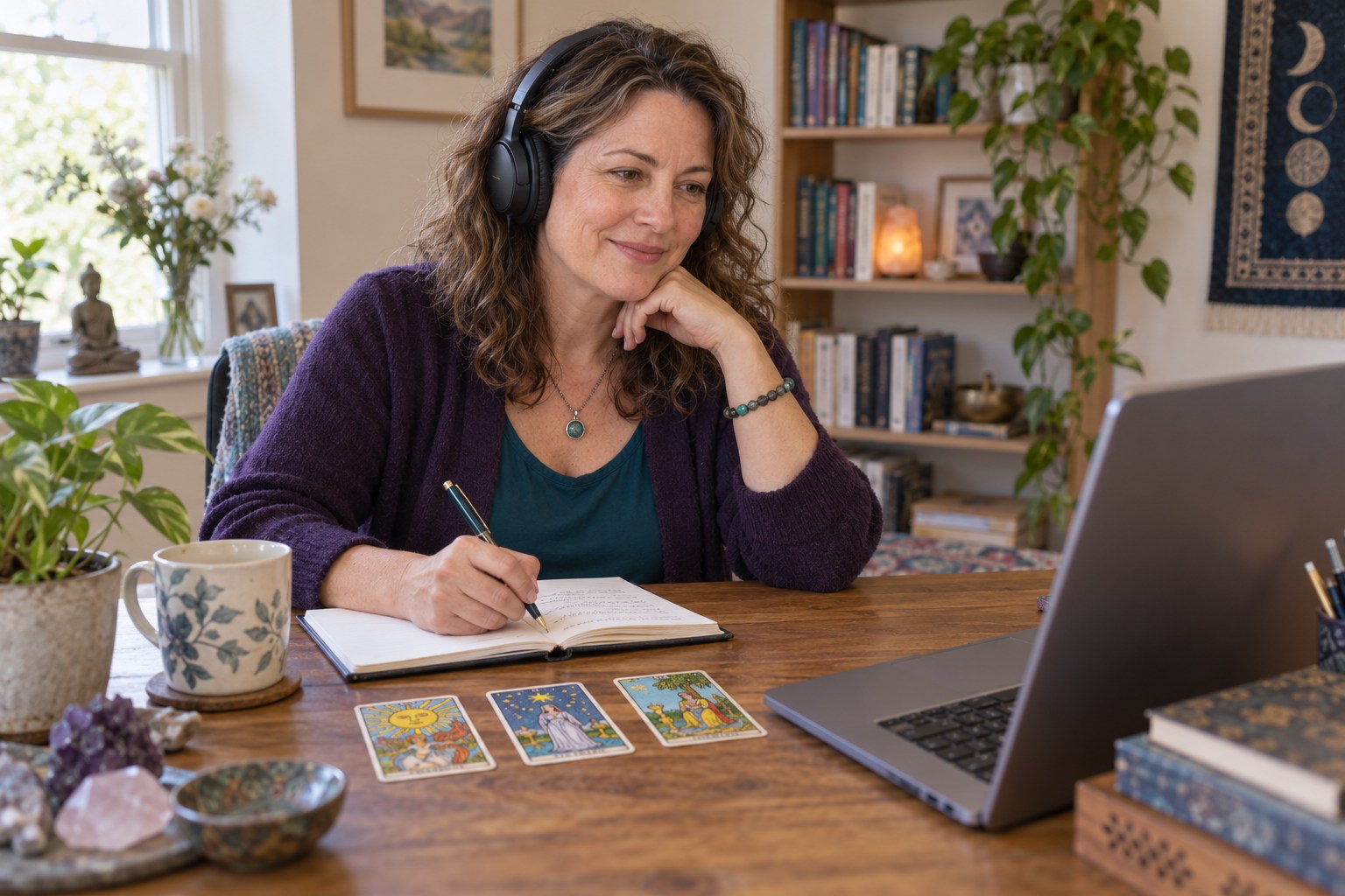 Woman with a headset taking notes beside tarot cards in her home office.