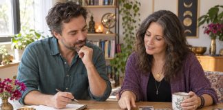 Man and woman discussing tarot cards and notes together in a welcoming reading studio