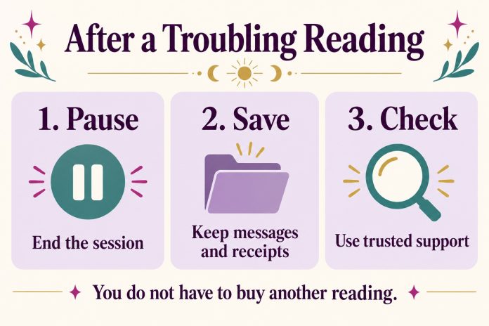 After a troubling reading: pause and end the session, save messages and receipts, check trusted support
