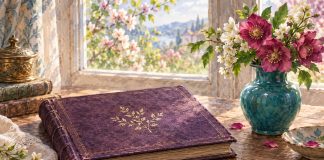 Symbolic still life of a plum memory album, brass key and teal vase of fresh blossoms.