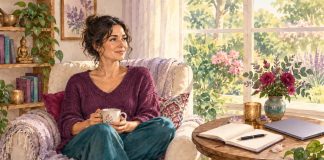 Watercolor illustration of a woman resting beside a blank journal and closed laptop in a sunlit room.