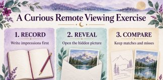 Remote viewing exercise: Record—write impressions first; Reveal—open the hidden picture; Compare—keep matches and misses. An exercise, not proof of ability.