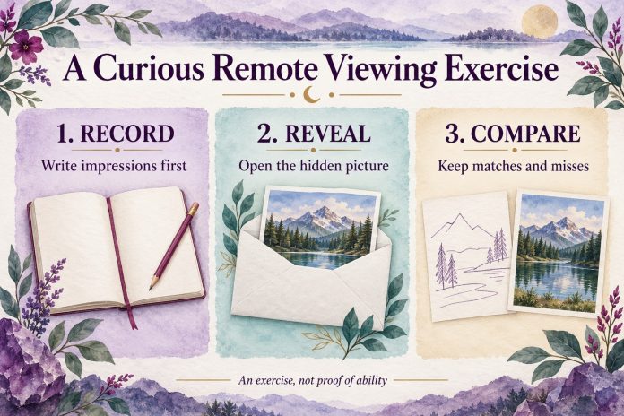 Record, reveal, compare: hidden-picture exercise Remote viewing exercise: Record—write impressions first; Reveal—open the hidden picture; Compare—keep matches and misses. An exercise, not proof of ability.