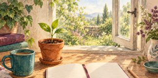 Watercolor of a young seedling beside an open notebook and teal mug at a garden window.