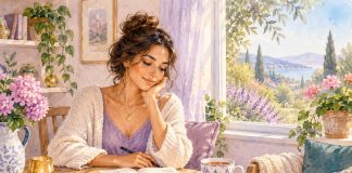 Original watercolor illustration of a fictional woman reflecting in a journal beside a peaceful garden window.