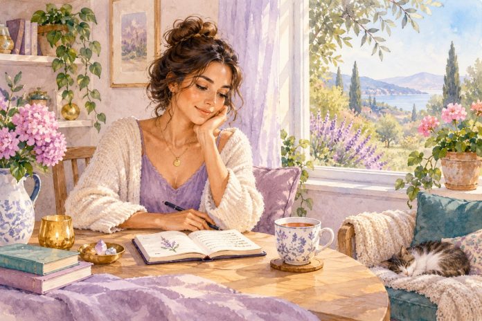 Original watercolor illustration of a fictional woman reflecting in a journal beside a peaceful garden window.