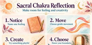 Sacral chakra reflection: 1 Notice—name one feeling; 2 Move—choose gentle movement; 3 Create—try something playful; 4 Choose—honor your boundaries. A spiritual practice, not a medical treatment.