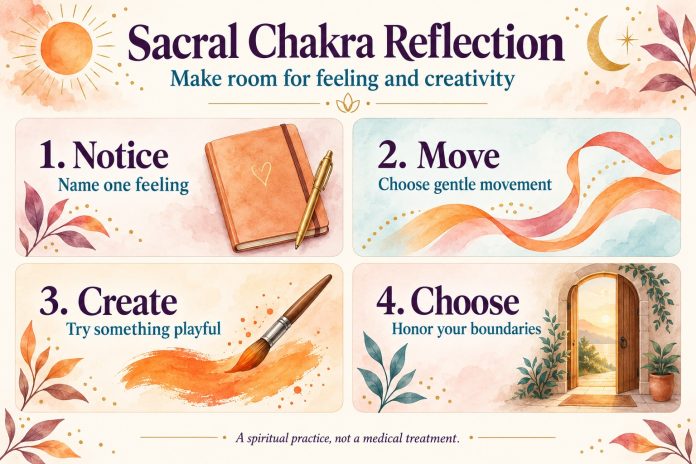 Sacral chakra reflection: 1 Notice—name one feeling; 2 Move—choose gentle movement; 3 Create—try something playful; 4 Choose—honor your boundaries. A spiritual practice, not a medical treatment.