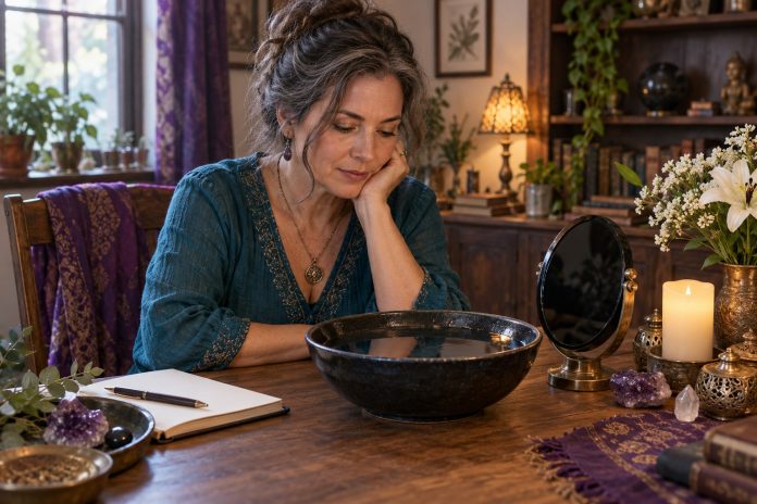 A woman reflecting beside a bowl of water and dark mirror in a warmly lit home study