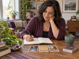 Illustrative scene of a woman journaling beside tarot cards in a sunlit home study