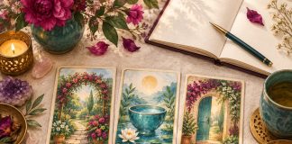 Original symbolic cards showing a garden, cup and doorway beside a blank journal and teal cup.