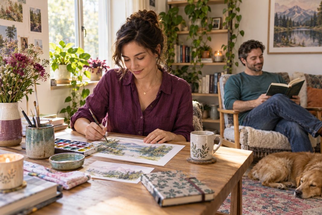 A woman paints at her own desk while her partner reads nearby, each enjoying an individual activity in a shared home.