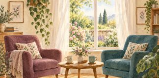Watercolor of plum and teal armchairs beside two mugs and a sunlit garden window.