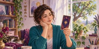 Original illustration of a fictional adult reflecting with a symbolic star card and leaf sketch beside a sunny window.