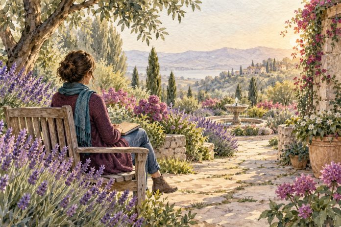 Gentle intuition reflection in a garden Watercolor fictional adult in plum and teal seated on a garden bench with a closed journal.