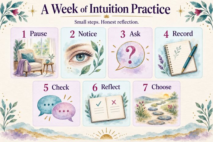 A Week of Intuition Practice Seven-day intuition practice: Pause, Notice, Ask, Record, Check, Reflect and Choose