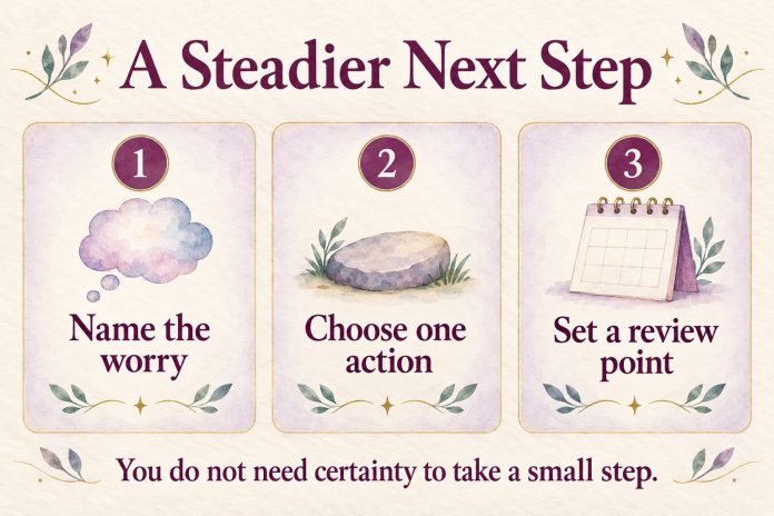 A Steadier Next Step: 1 Name the worry; 2 Choose one action; 3 Set a review point. You do not need certainty to take a small step.