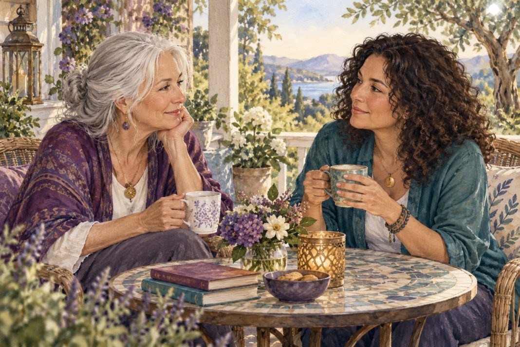 Watercolor illustration of two women listening to one another over tea on a garden porch.