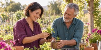 AI-created illustrative scene of two fictional adults tending seedlings together in a sunny garden.