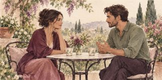 Watercolor of two adults talking across a small garden cafe table with two cups.